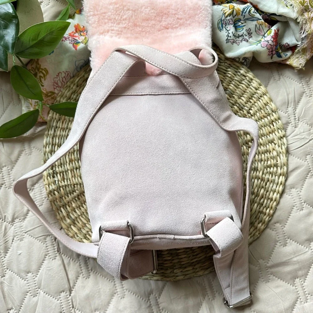 UGG Australia Mini Backpack Pink Suede Shearling‎ Fur Trim Drawstring Bag Small